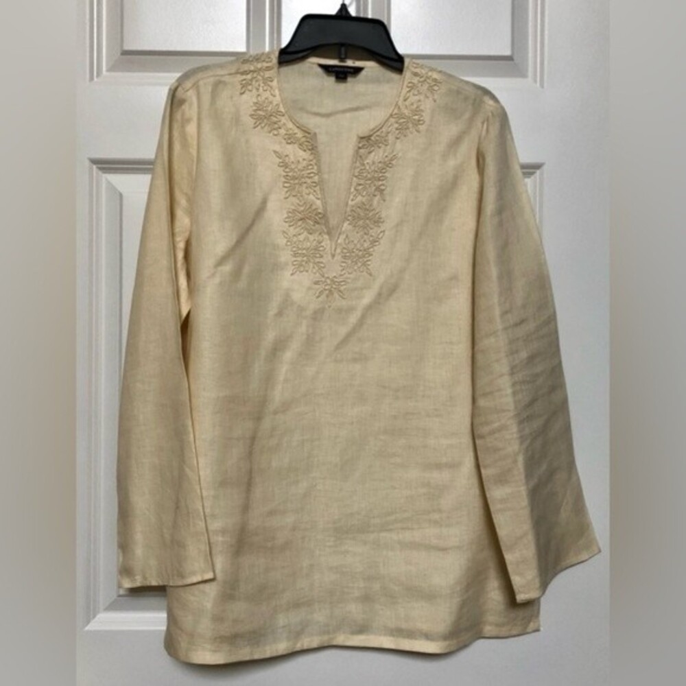 LAND'S END WOMEN'S TUNIC SIZE M (10-12) BEIGE LONG SLEEVES V-NECK BEADED